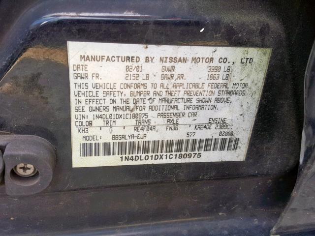 1N4DL01DX1C180975 - 2001 NISSAN ALTIMA XE BLACK photo 10