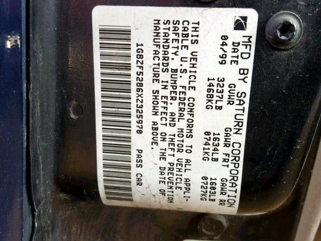 1G8ZF5286XZ325970 - 1999 SATURN SL BLUE photo 10