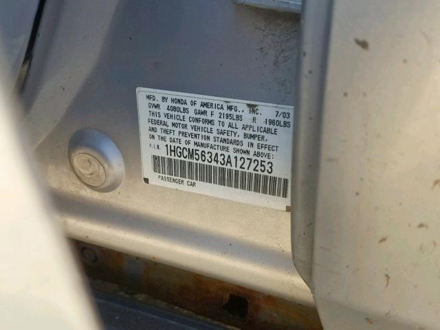 1HGCM56343A127253 - 2003 HONDA ACCORD LX SILVER photo 10