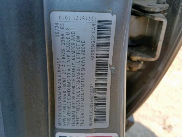 WVWTU63B35E019136 - 2005 VOLKSWAGEN PASSAT GLX GRAY photo 10