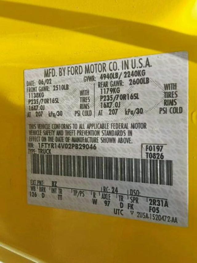 1FTYR14V02PB29046 - 2002 FORD RANGER SUP YELLOW photo 10