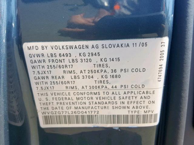 WVGZG77L26D041772 - 2006 VOLKSWAGEN TOUAREG 3. GRAY photo 10