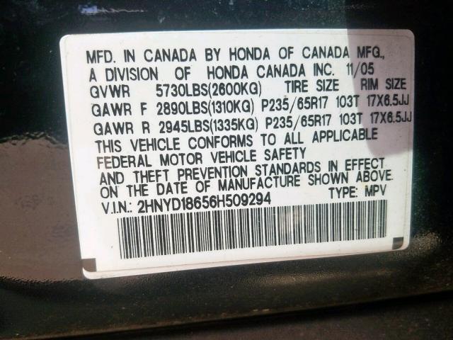 2HNYD18656H509294 - 2006 ACURA MDX TOURIN BLACK photo 10