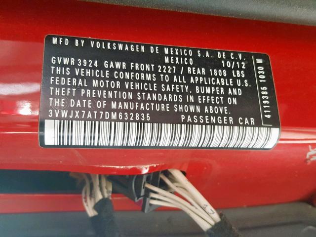 3VWJX7AT7DM632835 - 2013 VOLKSWAGEN BEETLE RED photo 10