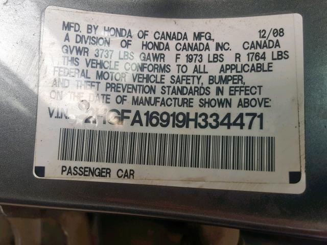2HGFA16919H334471 - 2009 HONDA CIVIC EXL 灰色 照片 10