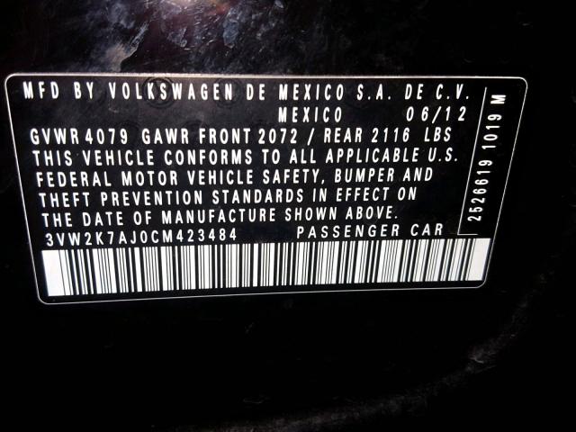 3VW2K7AJ0CM423484 - 2012 VOLKSWAGEN JETTA BASE 黑色 照片 10