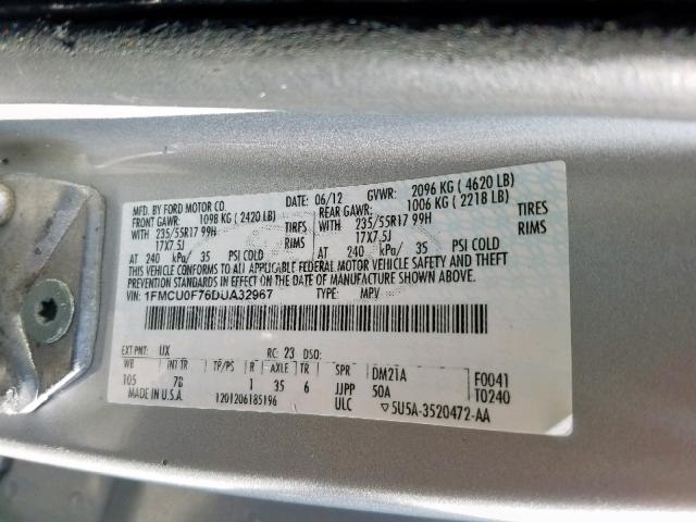 1FMCU0F76DUA32967 - 2013 FORD ESCAPE S SILVER photo 10