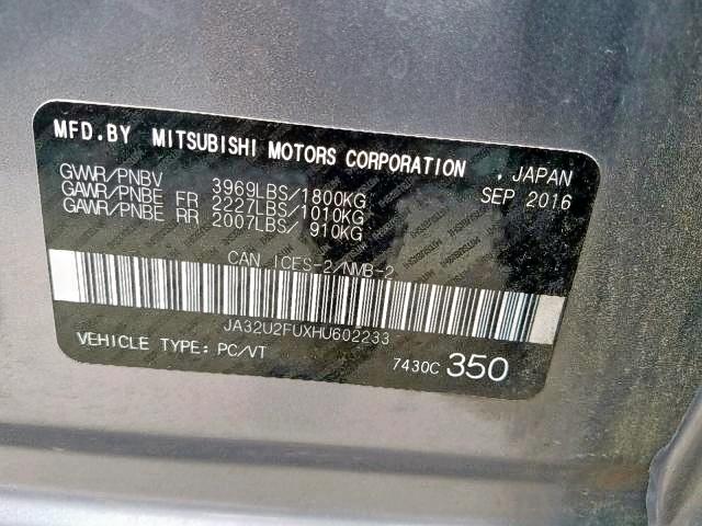 JA32U2FUXHU602233 - 2017 MITSUBISHI LANCER ES GRAY photo 9