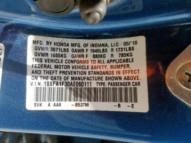 19XFA1F30AE060111 - 2010 HONDA CIVIC VP BLUE photo 10