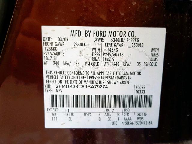 2FMDK38C89BA79274 - 2009 FORD EDGE SEL MAROON photo 10