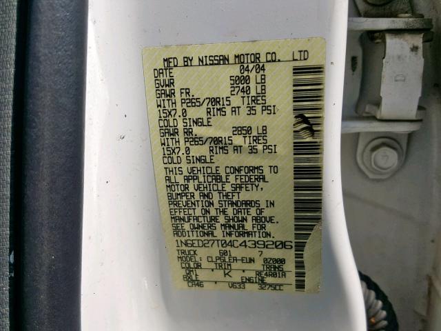 1N6ED27T04C439206 - 2004 NISSAN FRONTIER C WHITE photo 10