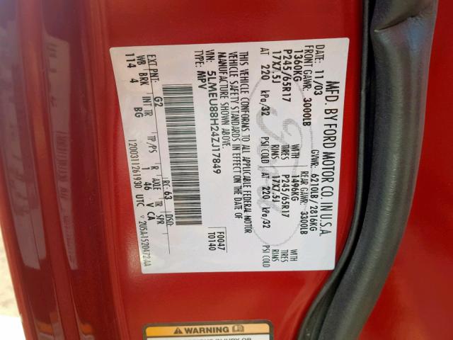 5LMEU88H24ZJ17849 - 2004 LINCOLN AVIATOR Qırmızı foto 10