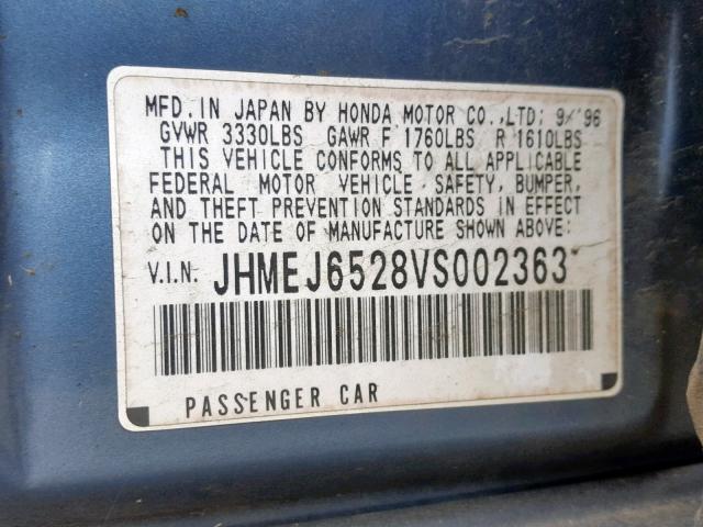 JHMEJ6528VS002363 - 1997 HONDA CIVIC DX BLUE photo 10