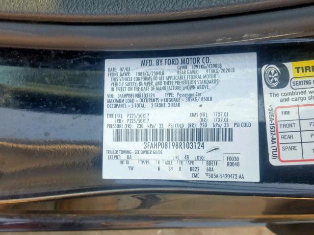 3FAHP08198R103124 - 2008 FORD FUSION SEL BLACK photo 10