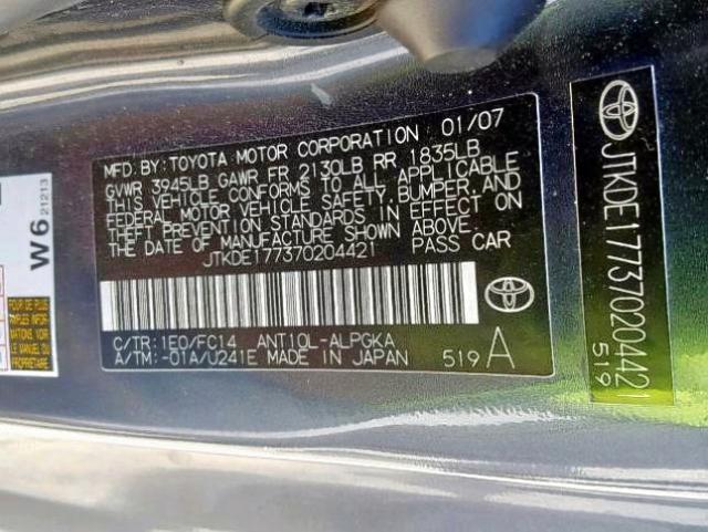 JTKDE177370204421 - 2007 TOYOTA SCION TC ნაცრისფერი ფოტო 10