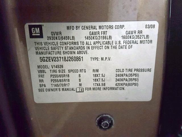 5GZEV23718J260861 - 2008 SATURN OUTLOOK XR ყავისფერი ფოტო 10