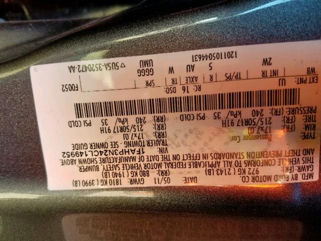 1FAHP3N24CL149952 - 2012 FORD FOCUS TITA GRAY photo 10