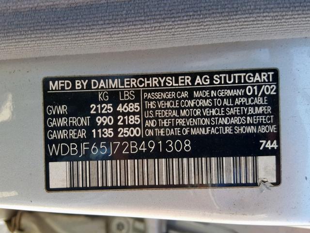 WDBJF65J72B491308 - 2002 MERCEDES-BENZ E 320 SILVER photo 10