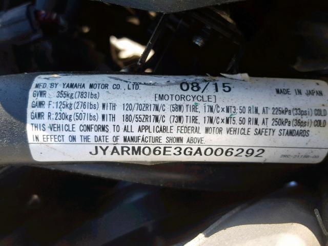 JYARM06E3GA006292 - 2016 YAMAHA FZ07 SILVER photo 10