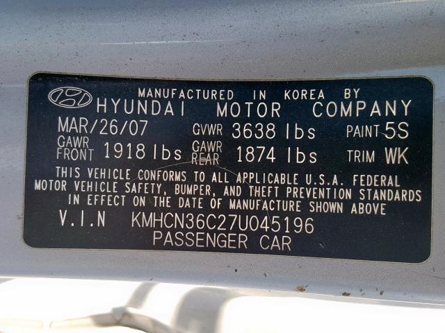 KMHCN36C27U045196 - 2007 HYUNDAI ACCENT SE SILVER photo 10