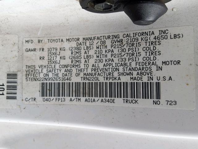 5TENX22N99Z651646 - 2009 TOYOTA TACOMA WHITE photo 10