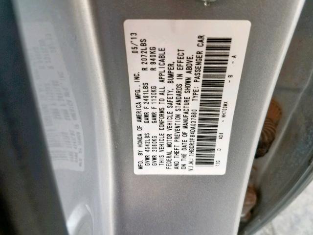 1HGCR3F84DA037880 - 2013 HONDA ACCORD EXL SILVER photo 10