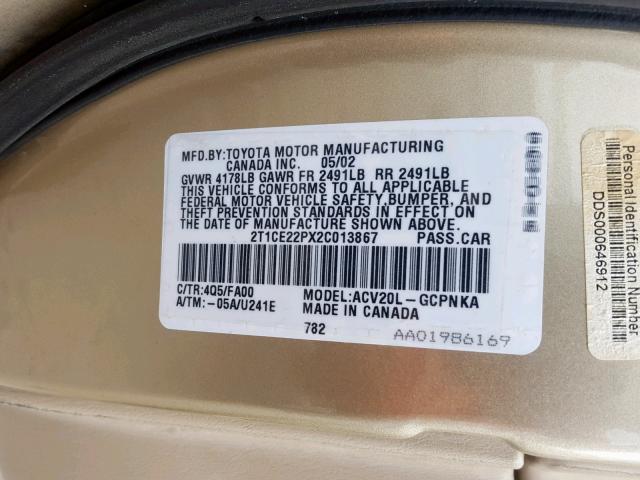 2T1CE22PX2C013867 - 2002 TOYOTA CAMRY SOLA GOLD photo 10