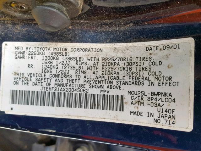 JTEHF21AX20045062 - 2002 TOYOTA HIGHLANDER BLUE photo 10