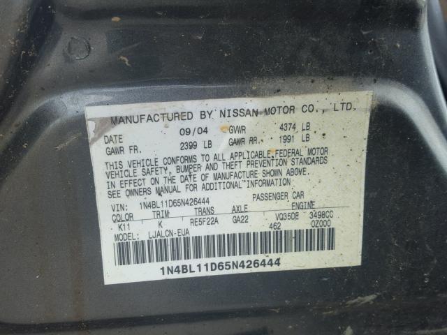 1N4BL11D65N426444 - 2005 NISSAN ALTIMA SE GRAY photo 10