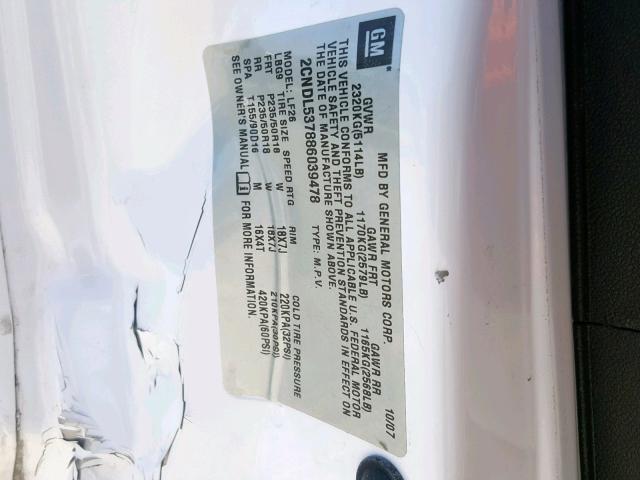 2CNDL537886039478 - 2008 CHEVROLET EQUINOX SP WHITE photo 10