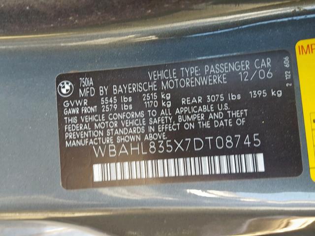 WBAHL835X7DT08745 - 2007 BMW 750 I CHARCOAL photo 10