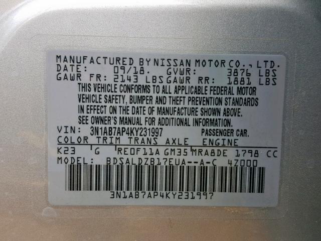 3N1AB7AP4KY231997 - 2019 NISSAN SENTRA S SILVER photo 10