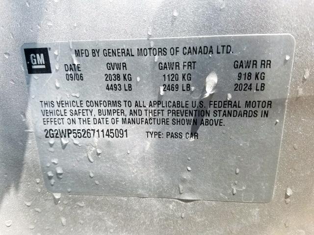 2G2WP552671145091 - 2007 PONTIAC GRAND PRIX SILVER photo 10