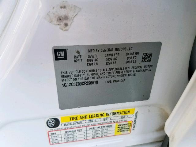 1G1ZC5E09CF296618 - 2012 CHEVROLET MALIBU 1LT 白色 照片 10