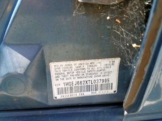 1HGEJ662XTL037995 - 1996 HONDA CIVIC DX BLUE photo 10