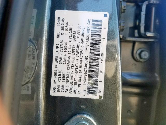 1HGCP26479A050580 - 2009 HONDA ACCORD LXP CHARCOAL photo 10