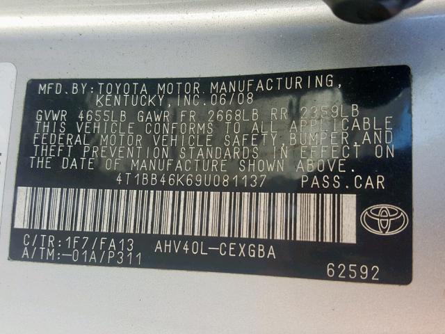 4T1BB46K69U081137 - 2009 TOYOTA CAMRY HYBR SILVER photo 10