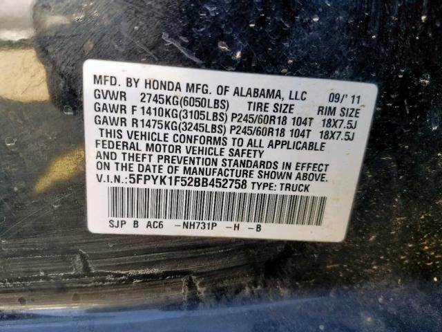 5FPYK1F52BB452758 - 2011 HONDA RIDGELINE BLACK photo 10