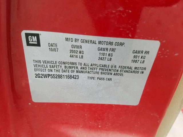 2G2WP552881168423 - 2008 PONTIAC GRAND PRIX RED photo 10