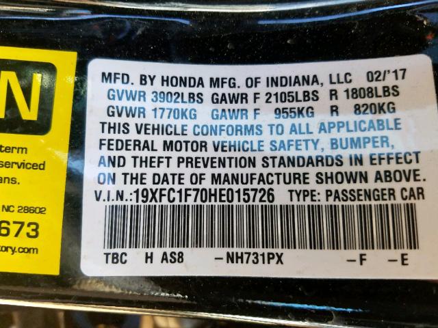 19XFC1F70HE015726 - 2017 HONDA CIVIC EXL 黑色 照片 10
