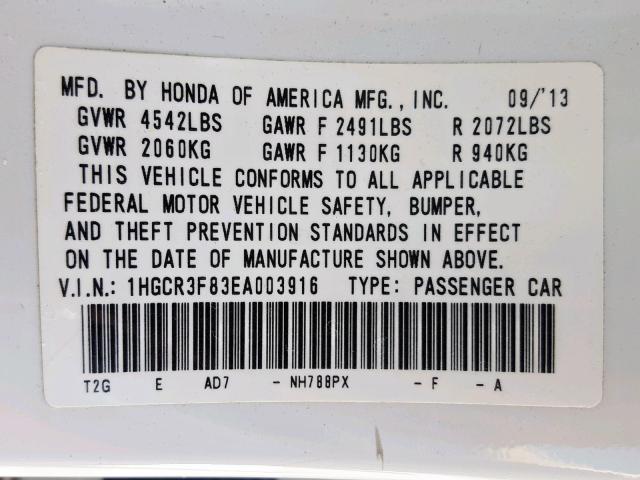 1HGCR3F83EA003916 - 2014 HONDA ACCORD EXL WHITE photo 10