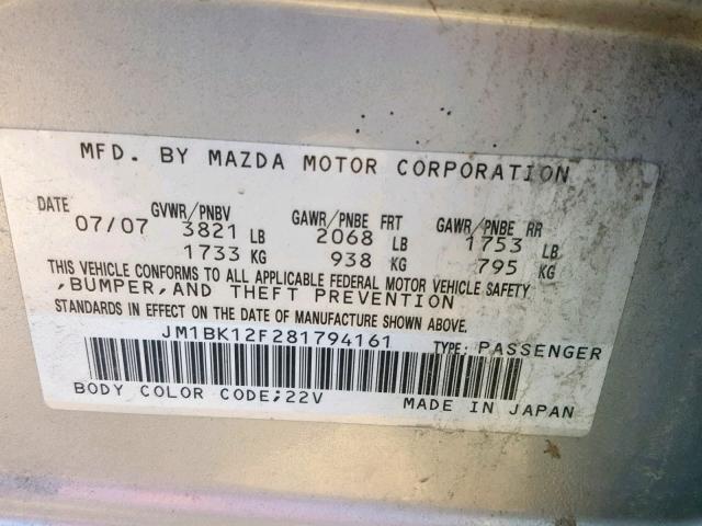 JM1BK12F281794161 - 2008 MAZDA 3 I SILVER photo 10