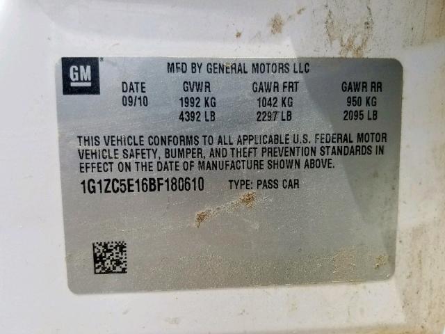 1G1ZC5E16BF180610 - 2011 CHEVROLET MALIBU 1LT WHITE photo 10