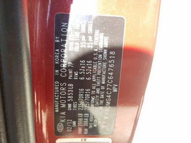 KNDMG4C77C6476518 - 2012 KIA SEDONA LX RED photo 10