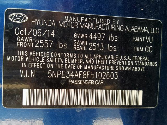 5NPE34AF8FH102603 - 2015 HYUNDAI SONATA SPO BLUE photo 10