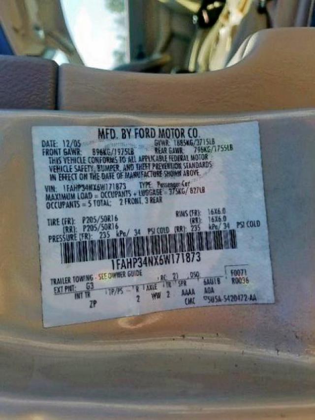 1FAHP34NX6W171873 - 2006 FORD FOCUS ZX4 GOLD photo 10