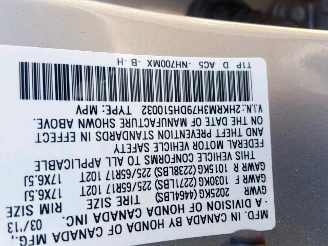 2HKRM3H79DH510032 - 2013 HONDA CR-V EXL SILVER photo 10