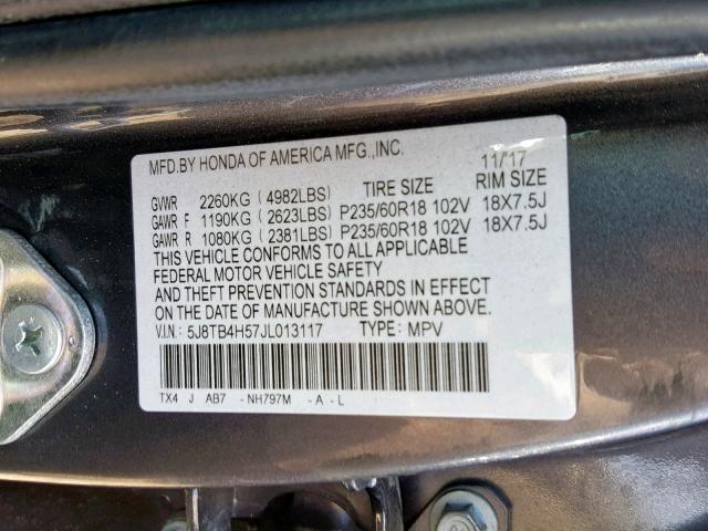 5J8TB4H57JL013117 - 2018 ACURA RDX TECHNO GRAY photo 10