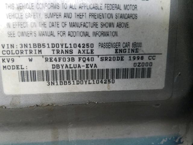 3N1BB51D0YL104250 - 2000 NISSAN SENTRA SE SILVER photo 10