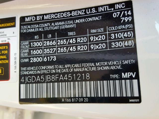 4JGDA5JB8FA451218 - 2015 MERCEDES-BENZ ML 350 WHITE photo 10